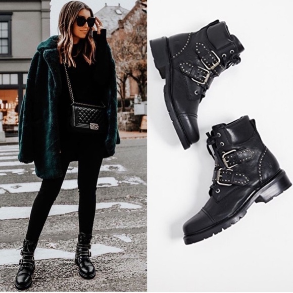 Frye Samantha Studded Belted Hiker Combat Boots - Picture 1 of 7